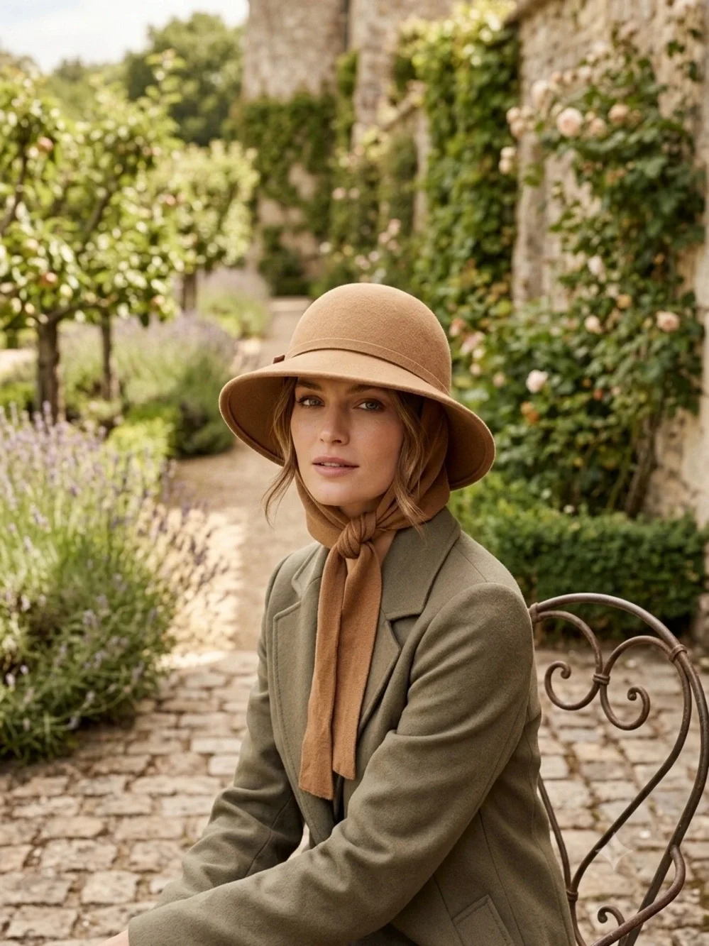 Womens Tan Wool Cloche Hat with Ties